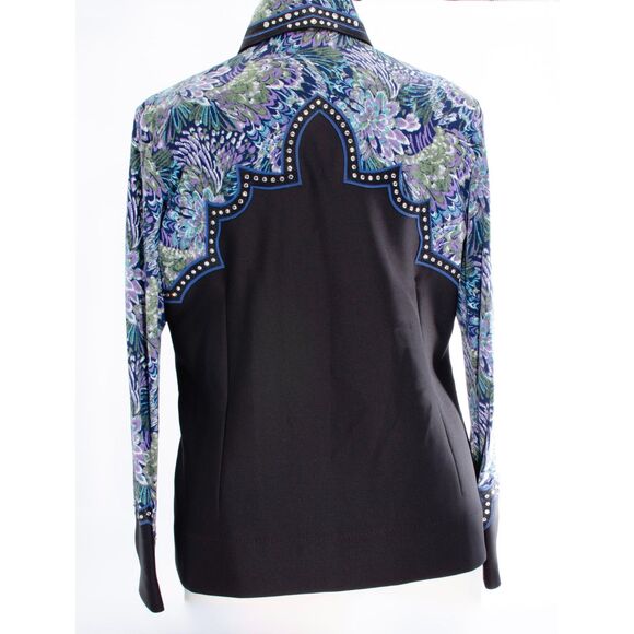 Custom Western Show Shirt - Blue Design with Bezel Set Stones & Leather Accent - Picture 3 of 8